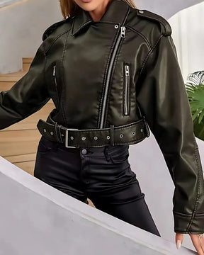 Jaqueta Lazarelle de Couro, Estilo Rocker com Cinto de Fivela e Zíper