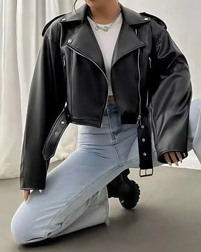Jaqueta Lazarelle de Couro, Estilo Rocker com Cinto de Fivela e Zíper