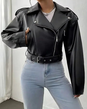 Jaqueta Lazarelle de Couro, Estilo Rocker com Cinto de Fivela e Zíper