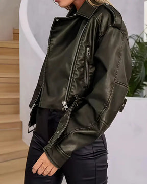 Jaqueta Lazarelle de Couro, Estilo Rocker com Cinto de Fivela e Zíper