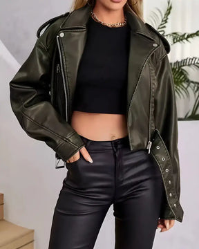 Jaqueta Lazarelle de Couro, Estilo Rocker com Cinto de Fivela e Zíper