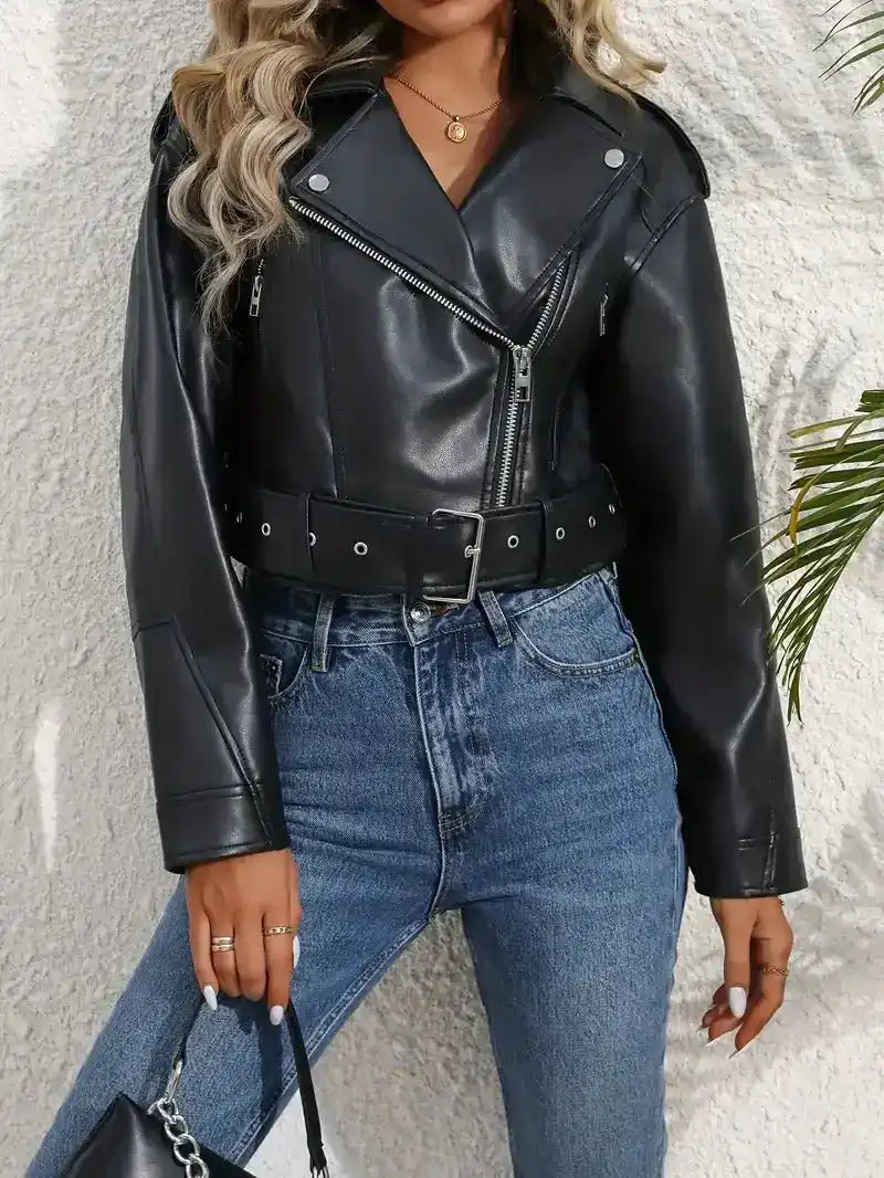 Jaqueta Lazarelle de Couro, Estilo Rocker com Cinto de Fivela e Zíper