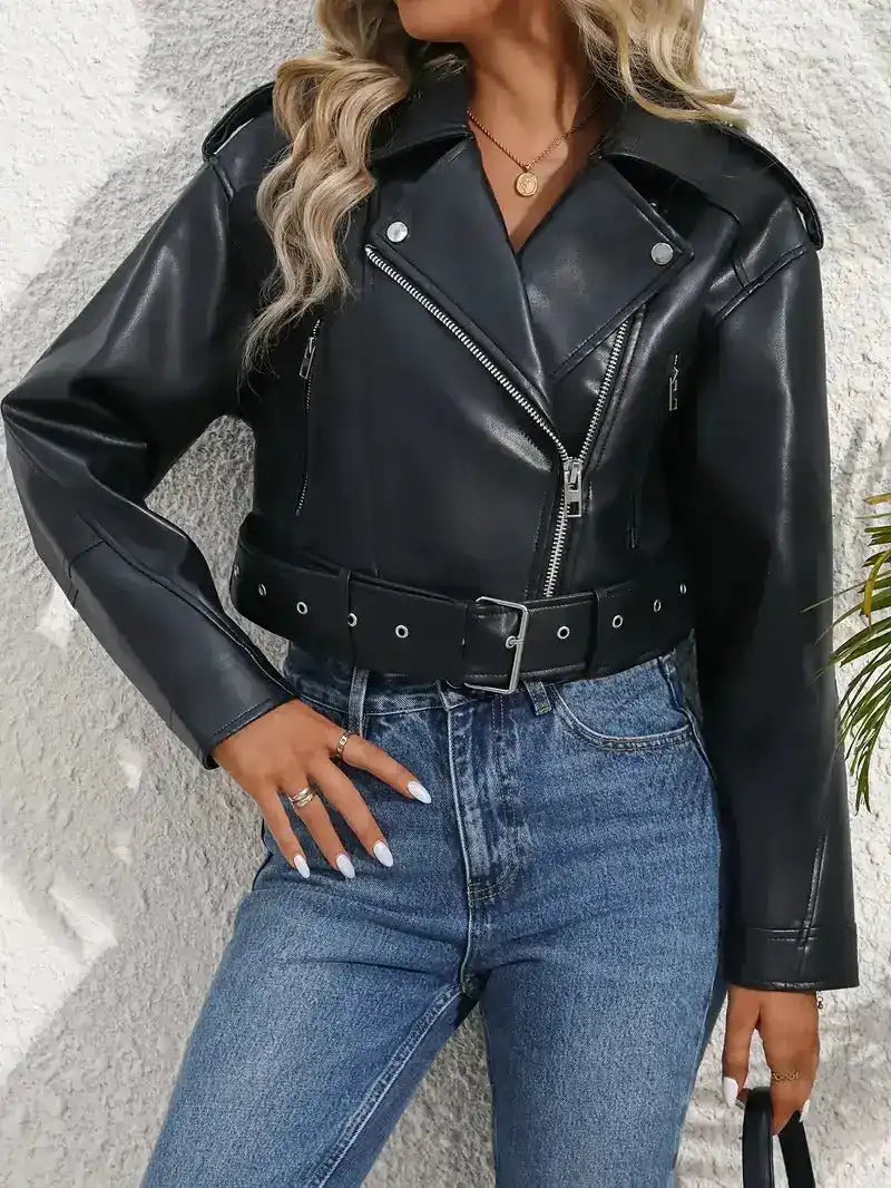 Jaqueta Lazarelle de Couro, Estilo Rocker com Cinto de Fivela e Zíper