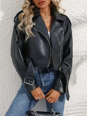 Jaqueta Lazarelle de Couro, Estilo Rocker com Cinto de Fivela e Zíper