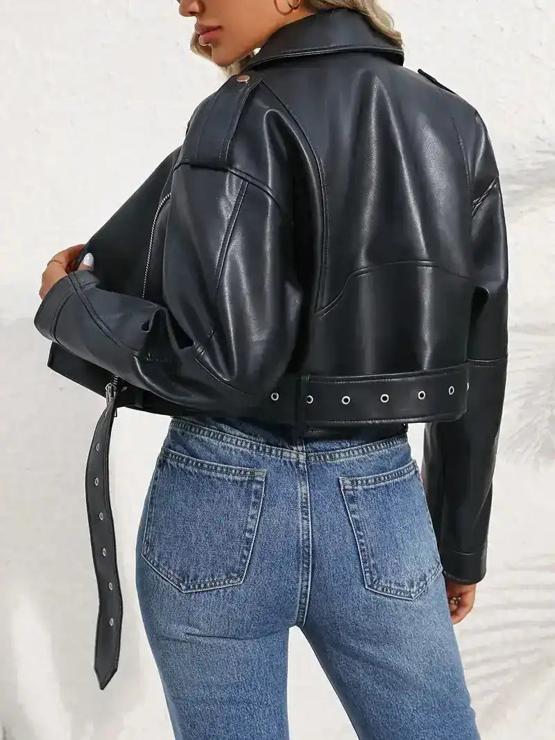 Jaqueta Lazarelle de Couro, Estilo Rocker com Cinto de Fivela e Zíper